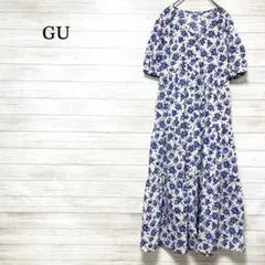 ジーユー　花柄フレアロングワンピース【S】半袖　総柄　ボタンダウン　Vネック