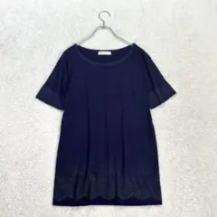 ビューティーアンドユース【F】紺 半袖Tシャツ ラメ レース柄 春夏 きれいめのサムネイル