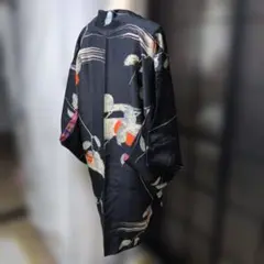 アンティーク　長羽織　漆黒に柿　紡いだ織り　未使用に近い