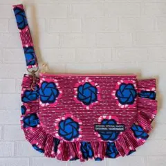 アフリカ布フリルポーチ　ハンドメイド　アフリカンファブリック　花ピンク