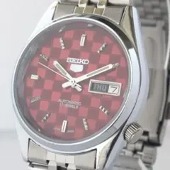 セイコー5オーバーホール済デイ表示自動巻ヴィンテージ70Sレッド