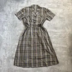 チェック柄シャツワンピース 9R 半袖 ロング丈 レトロ ウエスト切替