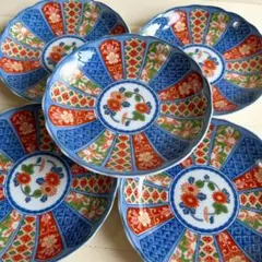 新品未使用 有田焼 陶扇 菊割 古伊万里 錦絵金彩色絵 銘々皿 5客 18.5