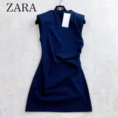 新品✨タグ付 ZARA ザラ ノースリーブ ワンピース 紺 ネイビー 膝丈