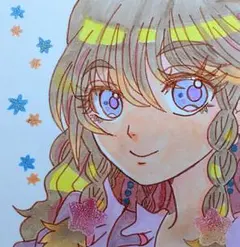 ★原画　アナログイラスト色紙　（7.5×7.5センチ）　少女