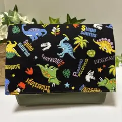 ハンドメイド移動ポケット(マチあり)★男の子　カラフル恐竜(黒)