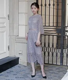 GIRLパネル総柄レース五分袖Ｉラインミモレ丈パーティドレス S ブルーグレー