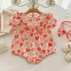 ベビー半袖ハート柄サロペットロンパース9-12M(70-80サイズ位)