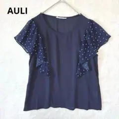 AULI アウリィ／ブラウス S 半袖 ドット柄 フリル 透け感 シフォン 紺のサムネイル