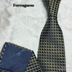 Ferragamo ネクタイ 総柄 ネイビー ゴールド シルク 伊製