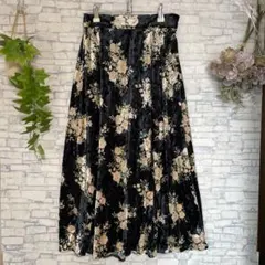 GU⭐️ジーユー ベロア 花柄 ロングスカート ウエストゴム ネイビー M