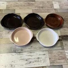 ①陶器製 皿 プレート　器　5枚まとめ売り　 ピンク 黒 茶色 白