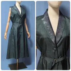 着物リメイク　希少！120亀甲本場大島紬　ショールカラーロングジレ　ワンピース