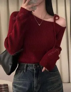 【新品未使用‼️】リブ編みオフショルダー　リボン　長袖セーター レッド