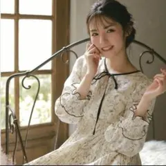 An MILLE アンミール プリーツ 花柄 ロング ワンピース リボン フレア