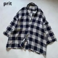 美品 prit リネン ブロックチェックシャツ　　羽織り カーディガン 長袖のサムネイル