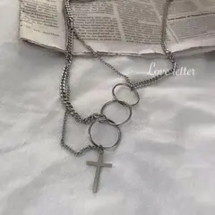 No.741 シルバークロス2連チェーンネックレス 韓国 十字架 地雷 パンク