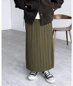 reca 迷わず着れる！大人のロングプリーツスカート　カーキ