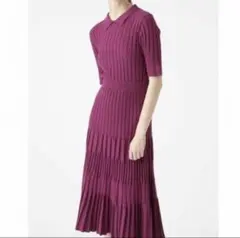 パープル ポロ襟 半袖ニットワンピース