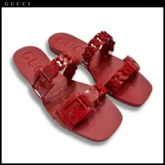 新品グッチGUCCIラバー フラット スライドサンダル チェーン 赤