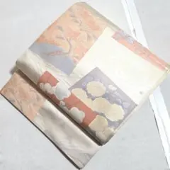 A◆着物くつろぎ 色紙花模様 銀糸 白 六通 正絹 フォーマルな袋帯 63