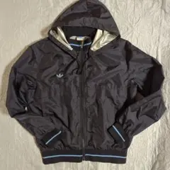 80s　アディダス　ナイロンジャケット　短丈　トレフォイル　黒　デサント　フード