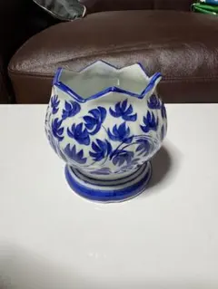 花器　卵型　青白　花柄