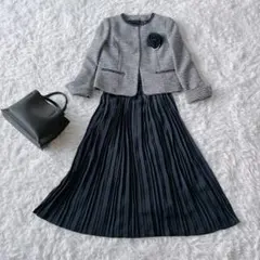ママスーツ　ワンピース ツィード ノーカラージャケット プリーツ　セレモニー