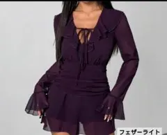 パープル フリル シースルーワンピース　紫
