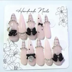 現品 イニシャル チェック リボン 量産型 ガーリー ロングネイル ギャルネイル