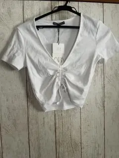 ZARA フロントギャザー ホワイト Tシャツ