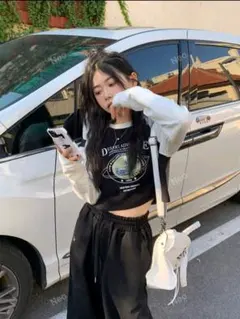 カラーブロック クロップド 長袖Tシャツ