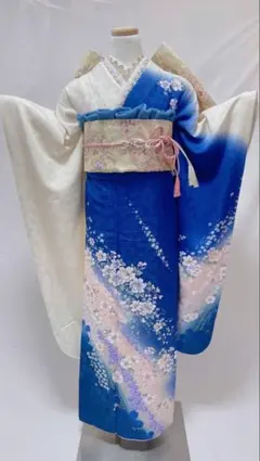 振袖6点セット　振袖フルセット　成人式 正絹 草花 桜 金銀彩 刺繍 青