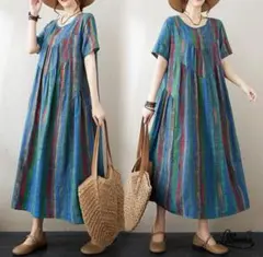 XL 新品　25年度　春夏　薄手　青と緑のストライプ　マキシ丈　オーバーサイズ