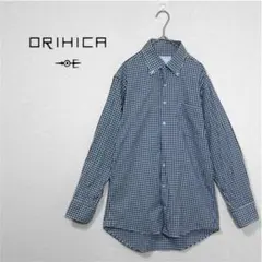オリヒカ　ボタンダウン　長袖　シャツ　ギンガムチェック　カジュアル　ネイビー　M