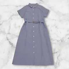 Burberrys 刺繍襟 シャツロングワンピース 半袖 ブルー 上品レディース