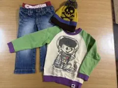 CONVEX デニム　黄緑×紫トレーナー　FOキッズ毛糸帽子(おまけ)