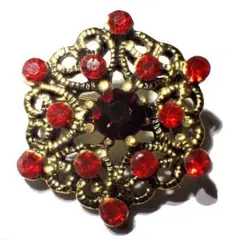 ⑤　赤色　花　ラインストーン　ブローチ　ラペルピン　ピンバッジ　六角形　バッジ