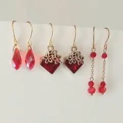 (A61) 3点セット　ピアス　イヤリング　ハンドメイド　レッド　まとめ売り