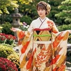 振袖　完全フルセット　23点　成人式　結婚式　前撮り　矢絣　クリーム色　山吹色