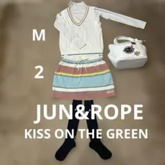 ジュンアンドロペ日本製ベスト白ロゴM✖️キスオンザグリーンニットカラフルスカート2