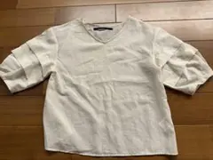 美品　アイボリー Vネック 五分袖　ブラウス　シャツ　フリーサイズ