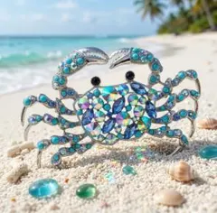 カニ ブローチ キラキラ 海 ブルー おしゃれ 蟹 ラインストーン