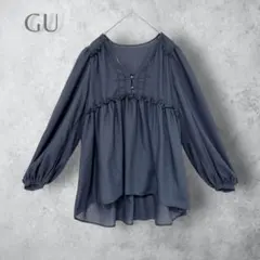 【GU ジーユー】　ギャザーフリルブラウス　ゆったり　春夏　Vネック　洗える