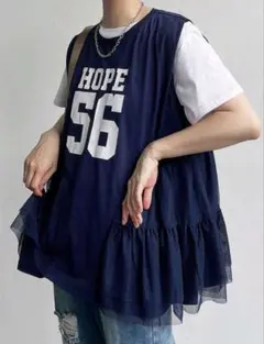 タンクトップ　ノースリーブ　フリル　チュニック　ネイビー　SHEIN