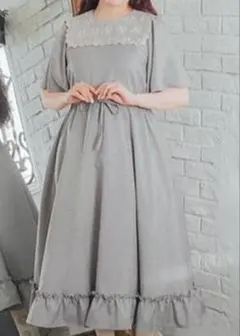 青木美沙子さん×しまむら レース襟 ロングワンピース 3L ライトグレーしまみさ