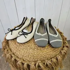 ほぼ未使用品 2点セット売り フラットシューズ パンプス ニット スクエアトゥ