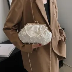 ビーズシェルバッグ（ホワイト）ショルダー結婚式披露宴パーティバッグb039