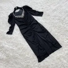 美品　エポカ　長袖ロングドレスワンピース　ビジュー　ドレープ　40 三陽商会