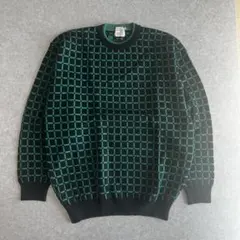 【セール】 ジャガードニット ウール セーター チェック 緑 黒 メンズL
